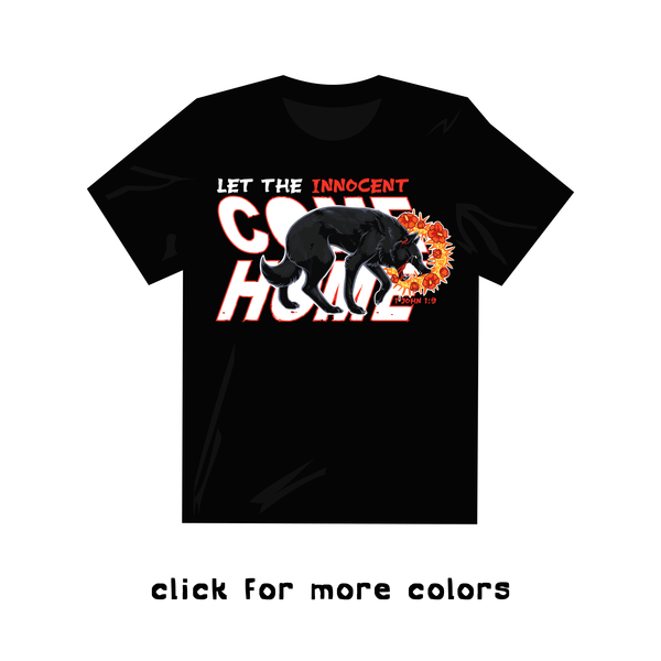 Custom t-shirt mockup - Let The Innocent Come Home - Front - Black